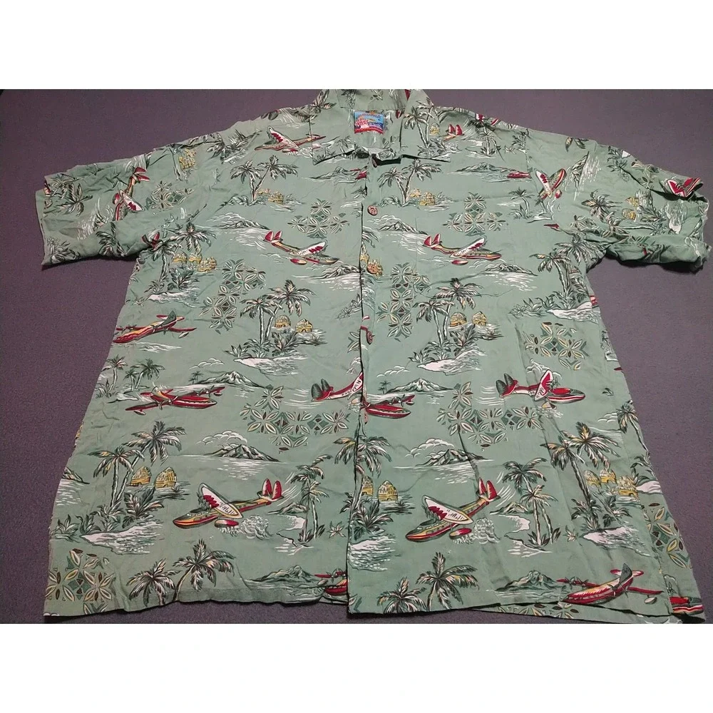 Joe Kealuha's The Genuine Hawaiian‎ Shirt Men XL Green Tropical Planes Island